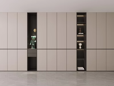 Modern Elegant Built in Storage Cabinets with Beige Black Finish and Layered Design Decorative Items 3d model