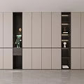 Modern Elegant Built in Storage Cabinets with Beige Black Finish and Layered Design Decorative Items