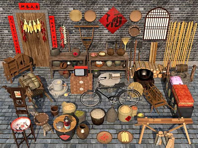 Traditional Chinese Garden Decorative Items With Brick Walls Fu Character Bamboo Crafts And Rustic Elements 3d model
