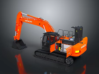 HITACHI Orange Tracked Excavator With Front Bucket Spacious Cab And Metal Tracks 3d model