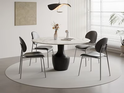 Modern Dining Table Set With Round Marble Top Black Base And Four Metal Leg Chairs 3d model