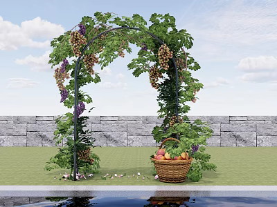 Green Vines Covered Garden Arbor with Purple Grapes Fruit Basket Near Stone Wall and Grass 3d model