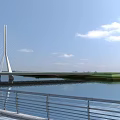 Cable Stayed Landscape Bridge With White Pylon Cables And Water Reflection Under Blue Sky 3d model