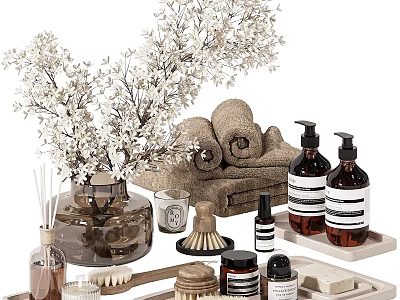 Elegant Daily Wash Essentials With Rolled Towels Soap Bottles Wooden Brush And White Flowers 3d model