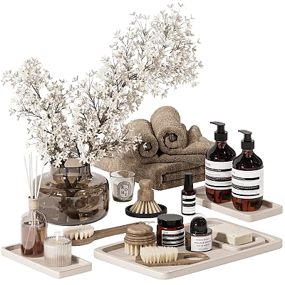 Elegant Daily Wash Essentials With Rolled Towels Soap Bottles Wooden Brush And White Flowers 3d model