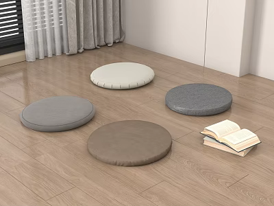 Round Floor Cushions In Various Colors With Stack Of Books On Wooden Floor 3d model