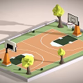 Outdoor Basketball Court Sports Equipment With Two Hoop Backboards Orange Bases And Green Trees