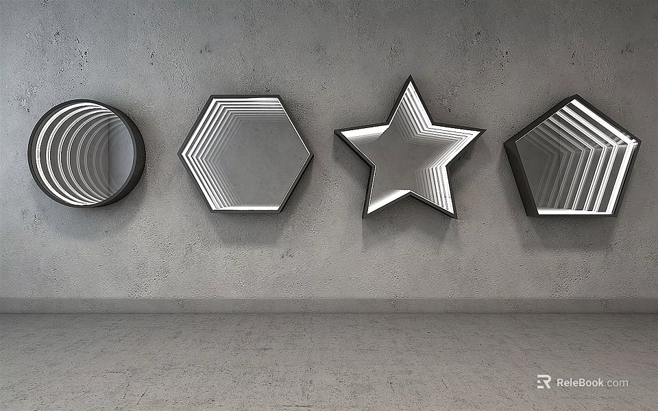 Modern Commercial Equipment With Different Shaped Mirrors And Black Frames On Gray Wall 3d model 