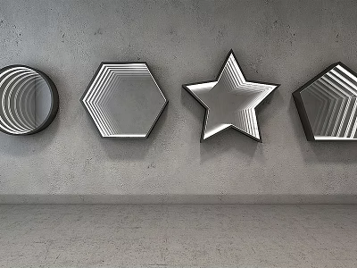 Modern Commercial Equipment With Different Shaped Mirrors And Black Frames On Gray Wall 3d model