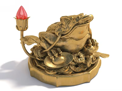 Golden Frog Sculpture With Red Crystal Lotus And Coin Decorations 3d model
