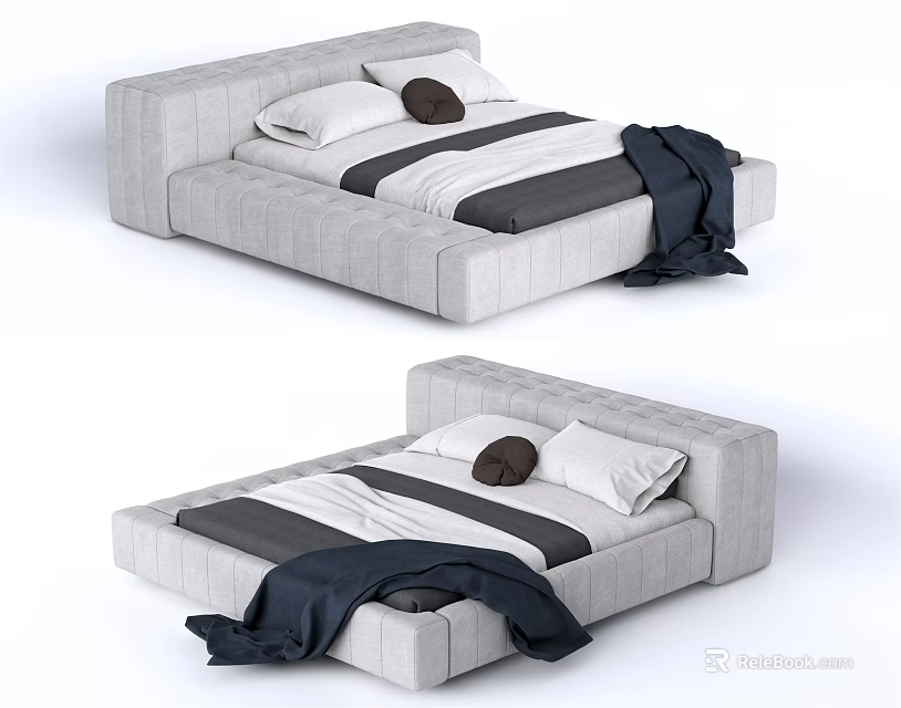 Modern Double Bed With Gray Frame White Gray Bedding Brown Pillow And Dark Blanket 3d model