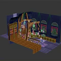 Cartoon Magic Fantasy Scene With Wooden Shelves Potions Arched Windows Dark Blue Walls