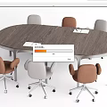 Oval Wooden Conference Table With Metal Frame And Brown Gray Wheeled Chairs