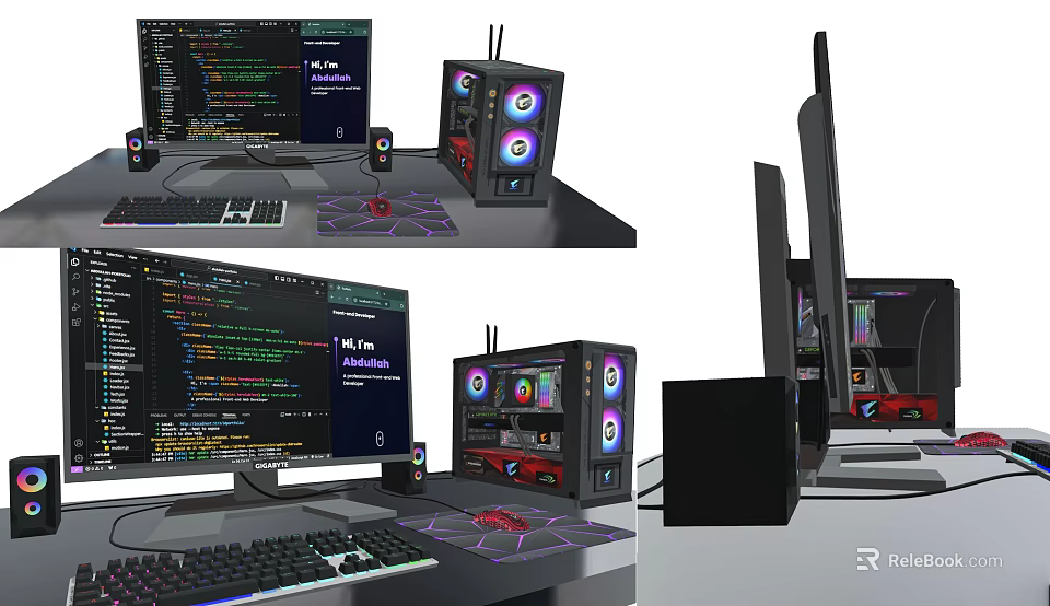 Modern Gaming PC Setup With RGB Lighting Monitor Mechanical Keyboard Speakers And Mouse Pad 3d model 