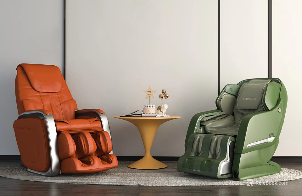Modern Orange And Green Massage Chairs In Contemporary Interior With Side Table Decorations 3d model 