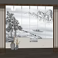 New Chinese-style roller shutter landscape ink painting gauze curtain partition 3d model