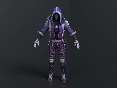 Purple Hooded Character Outfit With White Accents Armored Details And Gloves 3d model