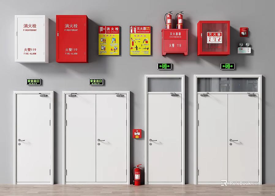 Wall Mounted Fire Safety Equipment With Emergency Exit Signs And Fire Extinguishers 3d model 