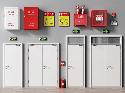 Wall Mounted Fire Safety Equipment With Emergency Exit Signs And Fire Extinguishers 3d model