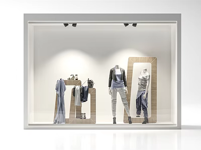 Fashionable Clothing Store Window Display With Mannequins Stylish Apparel And Wooden Racks 3d model