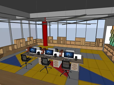 Modern Public Office Space With Desks Computers Chairs Red Column Large Windows And Colorful Carpet 3d model