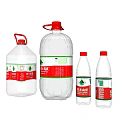 Natural Drinking Water in Transparent Bottles with Red and Green Brand Labels of Various Sizes