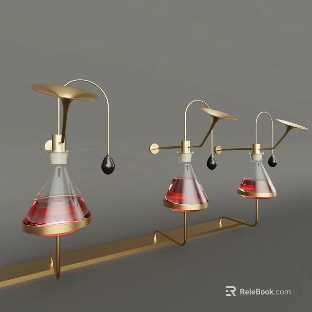 Industrial Laboratory Glass Flasks With Red Liquid On Golden Metal Stands And Hanging Black Components 3d model 