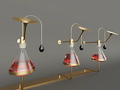 Industrial Laboratory Glass Flasks With Red Liquid On Golden Metal Stands And Hanging Black Components 3d model