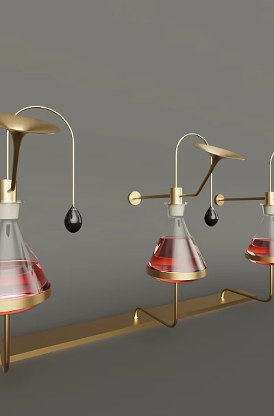 Industrial Laboratory Glass Flasks With Red Liquid On Golden Metal Stands And Hanging Black Components 3d model