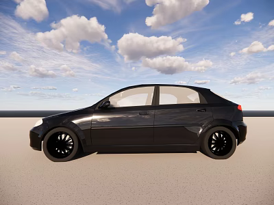 Black Car Parked On Open Sandy Ground With Blue Sky And White Clouds 3d model