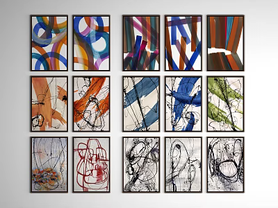 Abstract Paintings Featuring Multiple Colorful Framed Artworks With Various Styles Displayed On Wall 3d model
