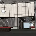 Hotel Lobby Interior With Large Windows Red Pillars Buffet Counters And Modern Seating