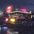 Vintage Diner Street Scene With Neon Lights And Outdoor Seating At Night