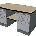 Modern Office Desk with Multiple Drawers Dark Wooden Top and Metal Handles