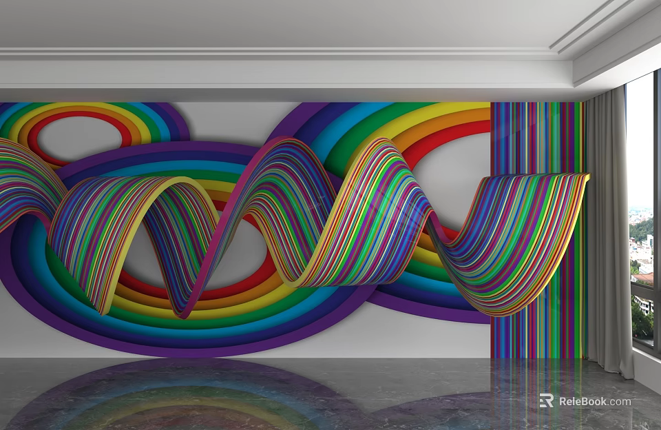 Decorative Rainbow Colored Wavy Stripes And Circular Patterns Background Wall Design 3d model 