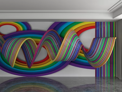 Decorative Rainbow Colored Wavy Stripes And Circular Patterns Background Wall Design 3d model