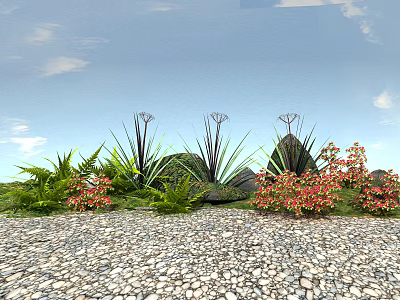 Vibrant Garden Flowers And Green Plants On Pebble Ground Under Blue Sky 3d model