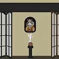 Open Folding Doors in Interior With Yellow Wall and Cat Decorative Painting