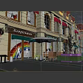 Scenic Pedestrian Street View With Colorful Flowers Neon Light Decorations And Building Exterior