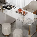 Elegant Tea Table With Marble Top Golden Legs White Stools And Tea Set 3d model