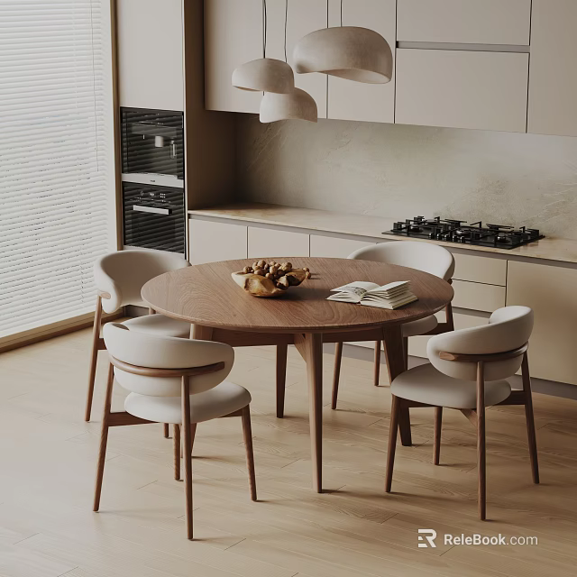 Modern Round Wooden Dining Table Set With Four Light Chairs In Open Kitchen 3d model 