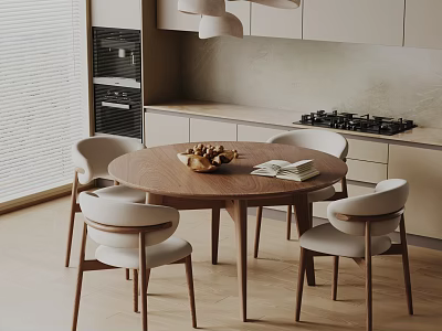 Modern Round Wooden Dining Table Set With Four Light Chairs In Open Kitchen 3d model