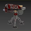 Red Mechanical Turret Weapon With X Shaped Body And Multi Legged Base Gear Mechanism