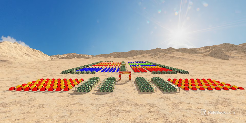 Desert Garden Landscape With Colorful Circular Arrangements Pathway And Sunny Mountain Backdrop 3d model 