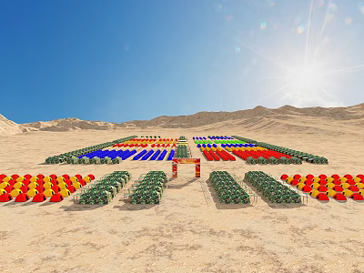 Desert Garden Landscape With Colorful Circular Arrangements Pathway And Sunny Mountain Backdrop 3d model