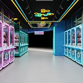 Fun Amusement Park Featuring Neon Sign Claw Machines Counter And Blue Pink Decor