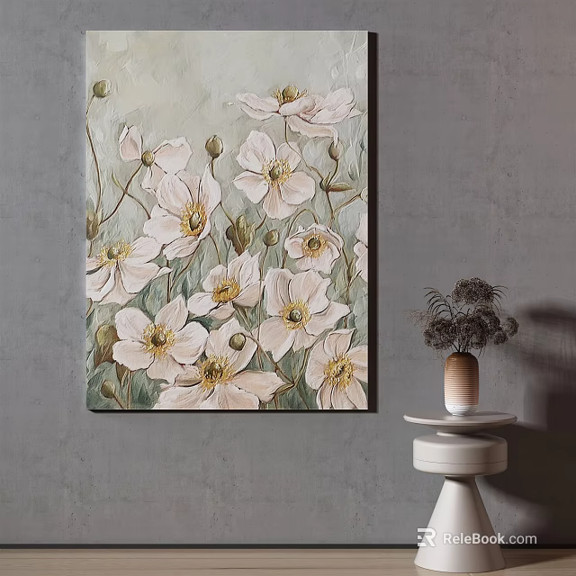 Botanical Painting With White Flowers On Gray Wall And Side Table Vase 3d model 