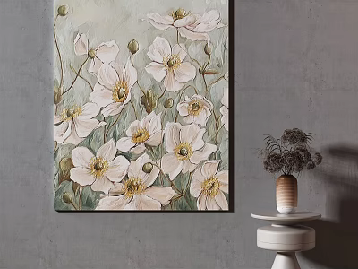 Botanical Painting With White Flowers On Gray Wall And Side Table Vase 3d model