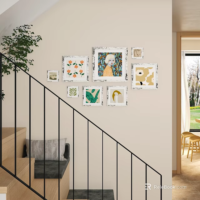 Staircase Photo Wall With Mixed Size Frames Child Portrait Dog Art Plant Prints And Greenery 3d model 