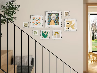 Staircase Photo Wall With Mixed Size Frames Child Portrait Dog Art Plant Prints And Greenery 3d model